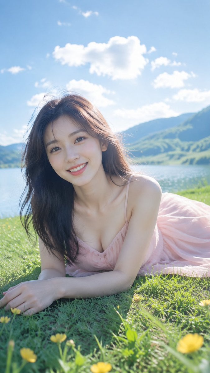 A soft pink tulle dress, fresh green grass, blue lake light, and side backlight 