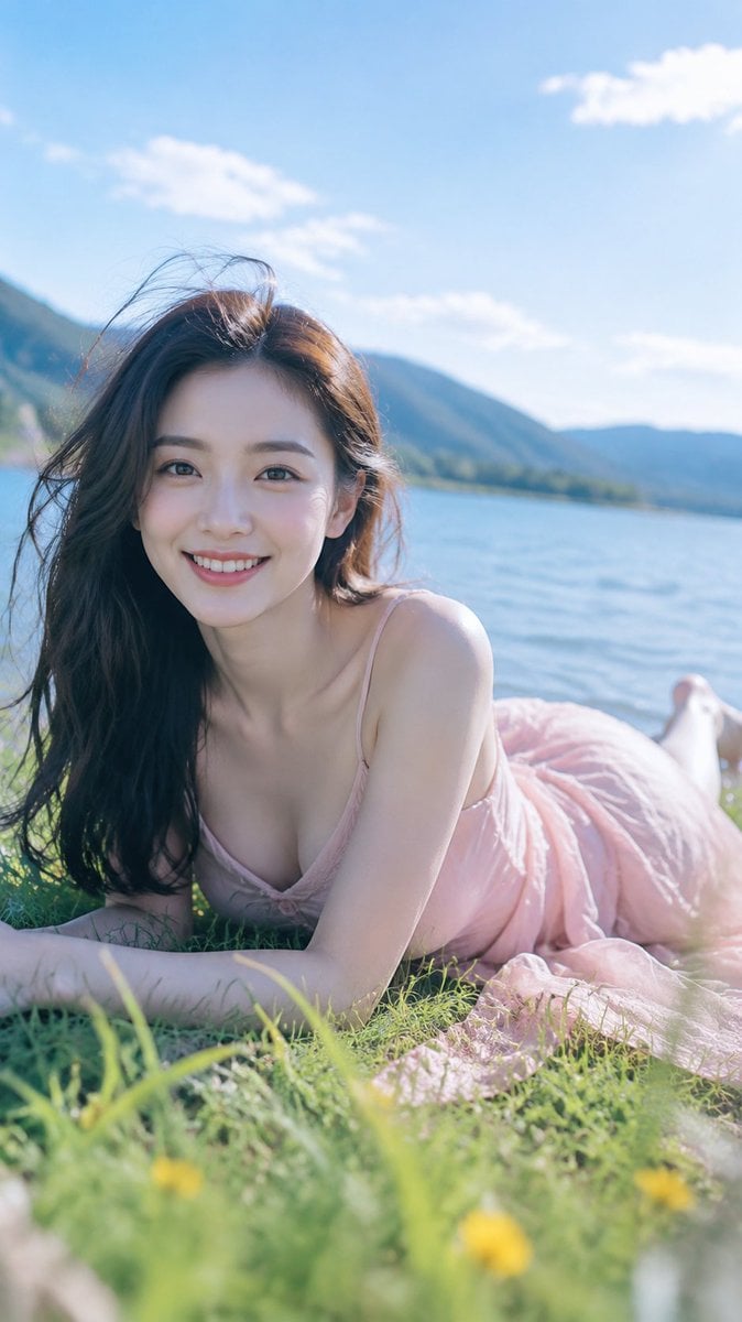 A soft pink tulle dress, fresh green grass, blue lake light, and side backlight 