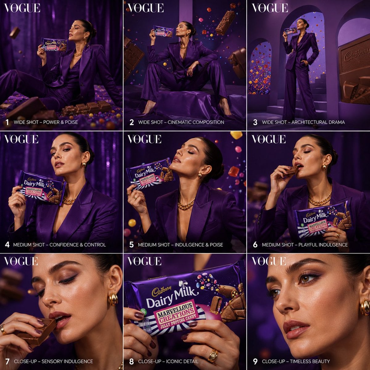 Create a 3×3 storyboard grid (9 images total) in a Vogue high-fashion editorial 