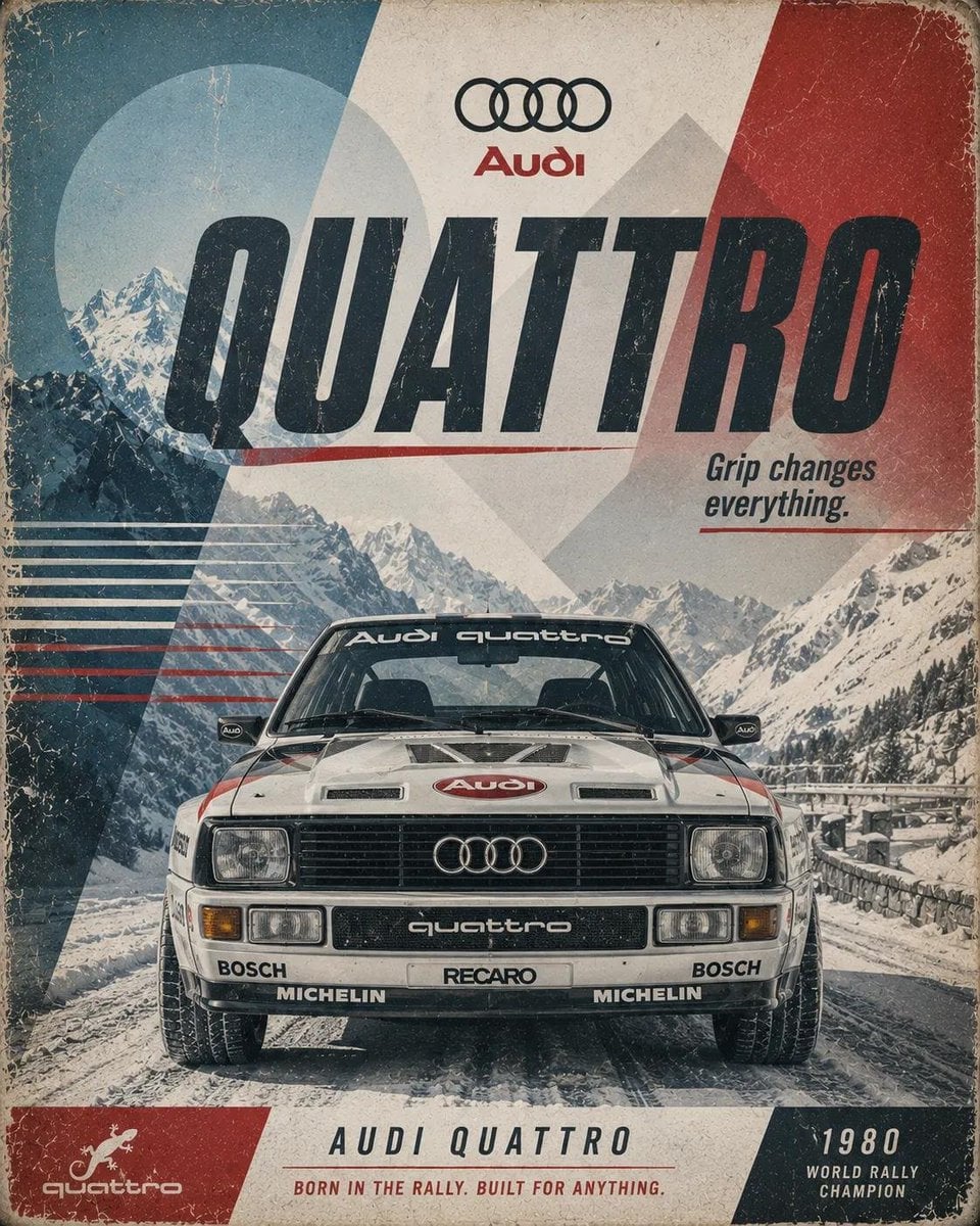 Retro motorsport poster for [Car], 4:5 vertical. Show a front-facing low-angle h