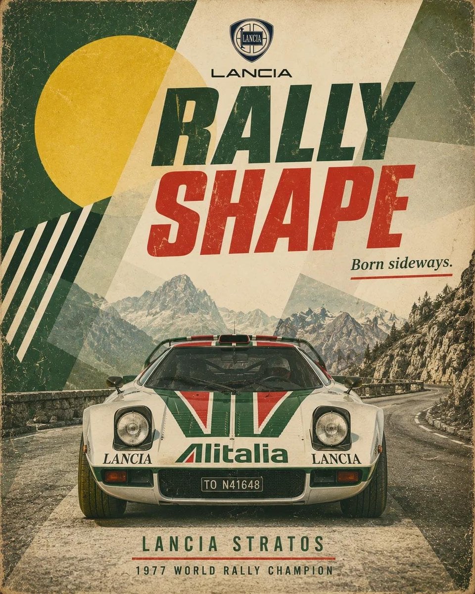 Retro motorsport poster for [Car], 4:5 vertical. Show a front-facing low-angle h