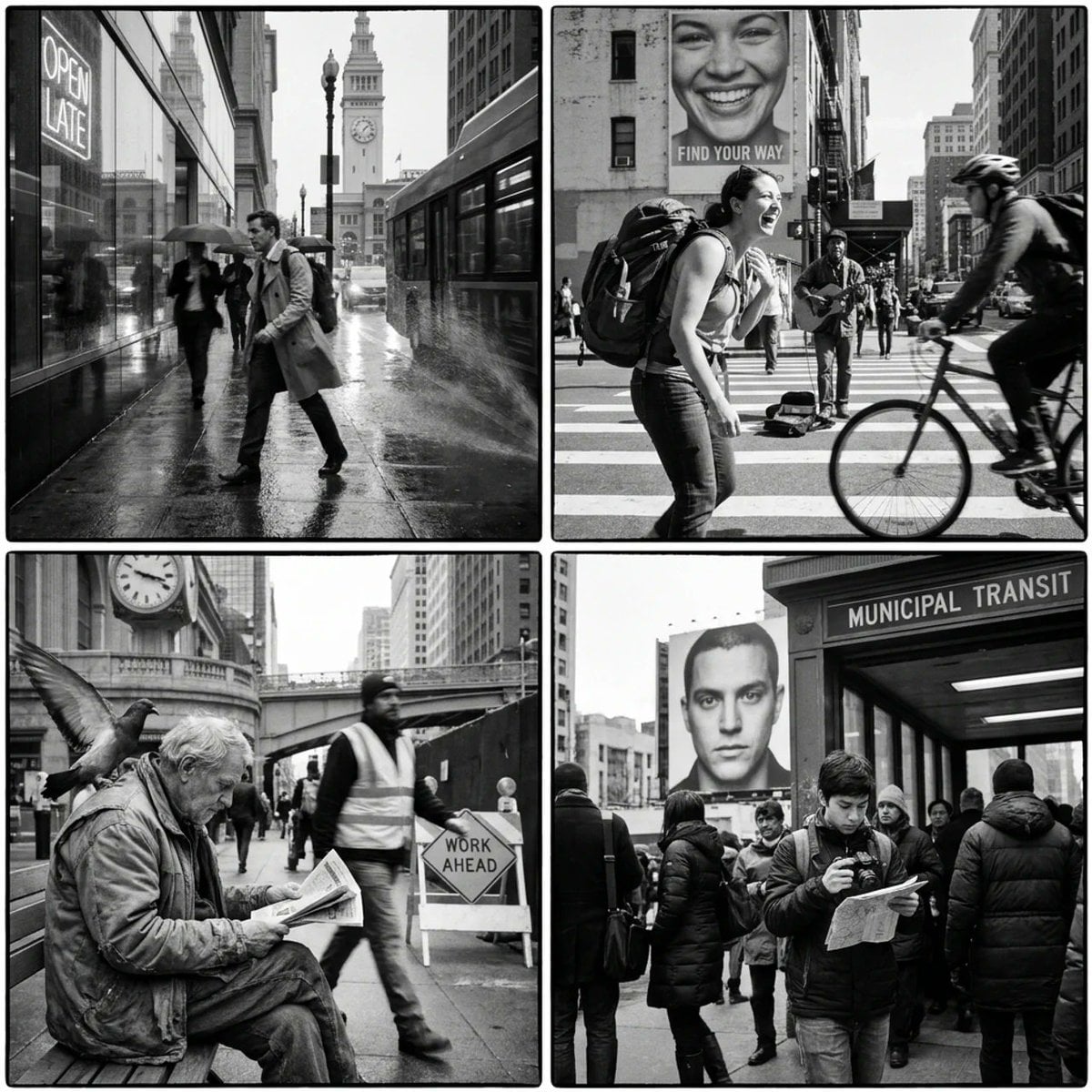 input = [ stranger(s) / urban_context / unaware_action / capture_medium / juxtap