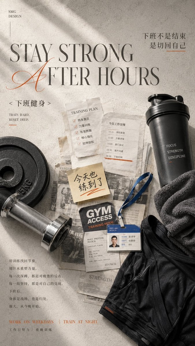 【主题】：下班后的快乐装备
【英文主标题】：[英文主标题]
【中文副标题】：[中文副标题]
【情绪短句】：[情绪短句]
【核心装备】：[核心装备]
【点缀色】：
