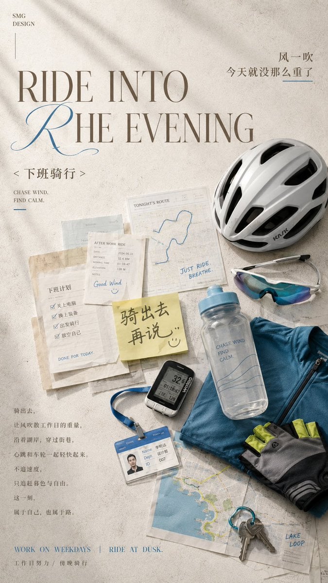 【主题】：下班后的快乐装备
【英文主标题】：[英文主标题]
【中文副标题】：[中文副标题]
【情绪短句】：[情绪短句]
【核心装备】：[核心装备]
【点缀色】：