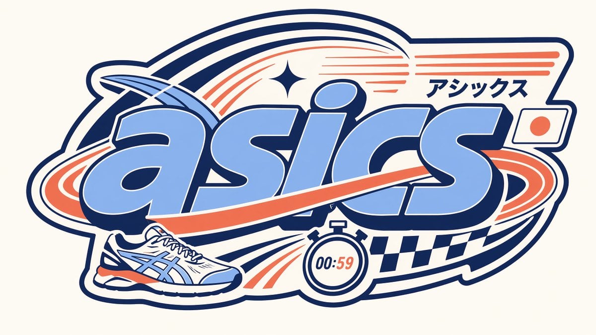 Create a premium flat vector badge inspired by ASICS, designed like a collectibl