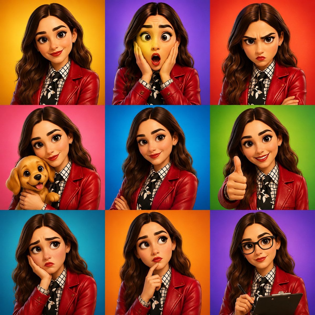 3D cartoon avatar character showing different emotions arranged in a 3x3 grid, s